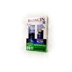 White, blue, purple,, and green box contains one Bioxcin Biotin Tablet 5000 mg + Bioxcin Biotin Shampoo 300 ml in one package