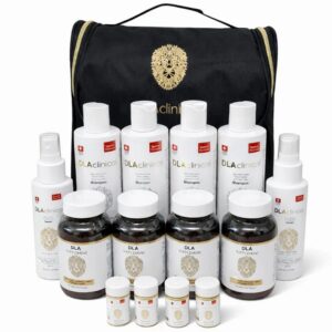 DLAClinical 6 Months Hair Care Set with shampoo, serum, supplements, and travel-size products in a premium black carrying case